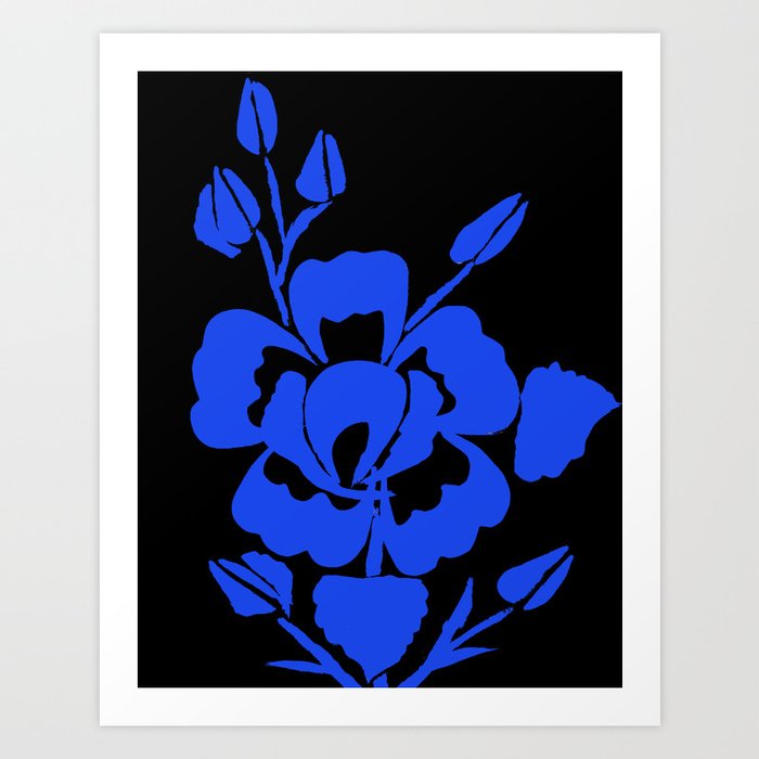 Royal Blue Rose Silhouette Art Painting Floral Print Decor Blue
