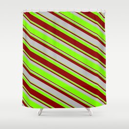 [ Thumbnail: Dark Red, Grey & Chartreuse Colored Lined/Striped Pattern Shower Curtain ]