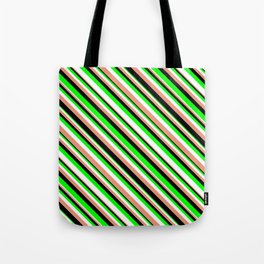 [ Thumbnail: Lime, White, Dark Salmon, and Black Colored Pattern of Stripes Tote Bag ]
