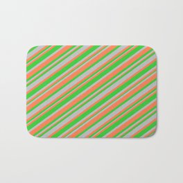 [ Thumbnail: Coral, Lime Green, and Grey Colored Striped Pattern Bath Mat ]