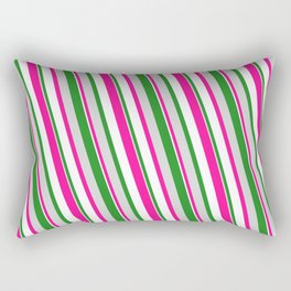 [ Thumbnail: Forest Green, Light Grey, Deep Pink & White Colored Pattern of Stripes Rectangular Pillow ]