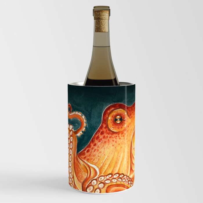 Orange Yellow Octopus in Dark Teal Ocean Watercolor Wine Chiller