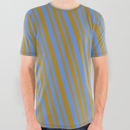 [ Thumbnail: Cornflower Blue and Dark Goldenrod Colored Pattern of Stripes All Over Graphic Tee ]