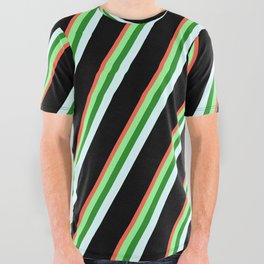 [ Thumbnail: Red, Green, Forest Green, Light Cyan, and Black Colored Stripes/Lines Pattern All Over Graphic Tee ]