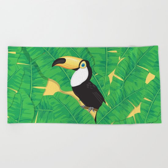 Toucan and banana leaves Beach Towel