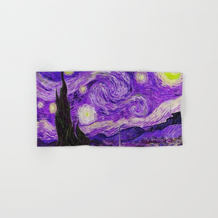 The Starry Night - La Nuit étoilée oil-on-canvas post-impressionist landscape masterpiece painting in alternate purple by Vincent van Gogh Hand & Bath Towel