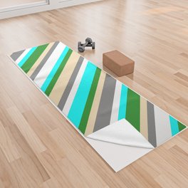 [ Thumbnail: Colorful Grey, Tan, Forest Green, Aqua & White Colored Pattern of Stripes Yoga Towel ]