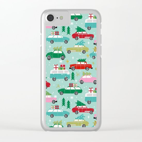 Vintage Christmas cars festive holiday traditions snow winter snowflakes classic car pattern Clear iPhone Case