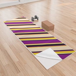 [ Thumbnail: Purple, Yellow, Bisque, and Black Colored Pattern of Stripes Yoga Towel ]