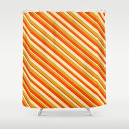 [ Thumbnail: Red, Beige, and Goldenrod Colored Lined Pattern Shower Curtain ]