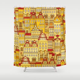 vintage seamless pattern with colorful houses. Day city Shower Curtain