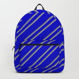 [ Thumbnail: Blue, Grey, and Dark Grey Colored Pattern of Stripes Backpack ]