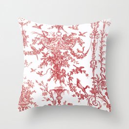 Vintage French Chinoiserie Red Toile Print with Animals Throw Pillow