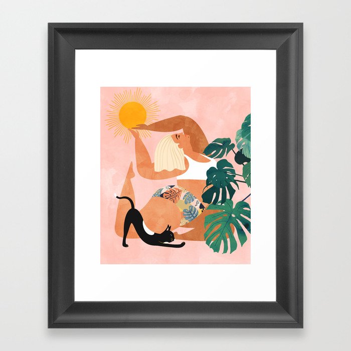 Tropical Yoga, Bohemian Woman Cat Pet Monstera Watercolor Painting, Blonde Quirky Illustration Framed Art Print