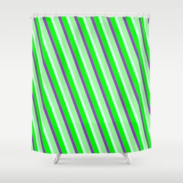 [ Thumbnail: Dark Orchid, Green, Light Cyan & Lime Colored Lined Pattern Shower Curtain ]