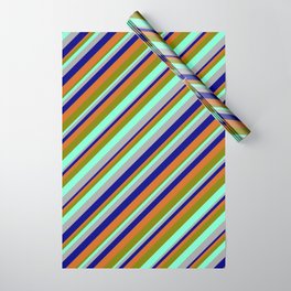 [ Thumbnail: Eyecatching Dark Grey, Blue, Chocolate, Green, and Aquamarine Colored Striped Pattern Wrapping Paper ]