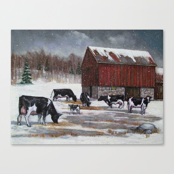 Holstein Dairy Cows in Snowy Barnyard; Winter Farm Scene No. 2 Canvas Print