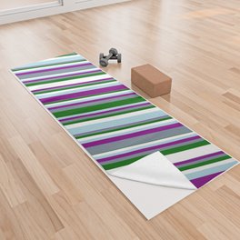 [ Thumbnail: Light Blue, Purple, Light Slate Gray, Dark Green & White Colored Striped Pattern Yoga Towel ]