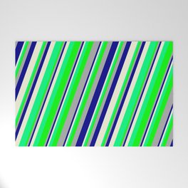 [ Thumbnail: Eyecatching Dark Gray, Dark Blue, Beige, Green & Lime Colored Striped/Lined Pattern Welcome Mat ]