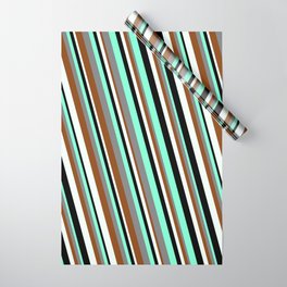 [ Thumbnail: Eyecatching Aquamarine, Gray, Brown, Mint Cream, and Black Colored Striped/Lined Pattern Wrapping Paper ]