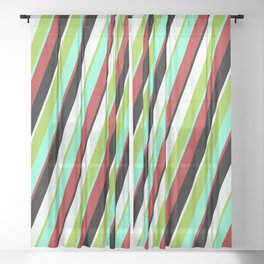 [ Thumbnail: Eyecatching Green, Aquamarine, Red, Black & Mint Cream Colored Stripes/Lines Pattern Sheer Curtain ]