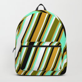 [ Thumbnail: Aquamarine, White, Green, Black, and Goldenrod Colored Pattern of Stripes Backpack ]