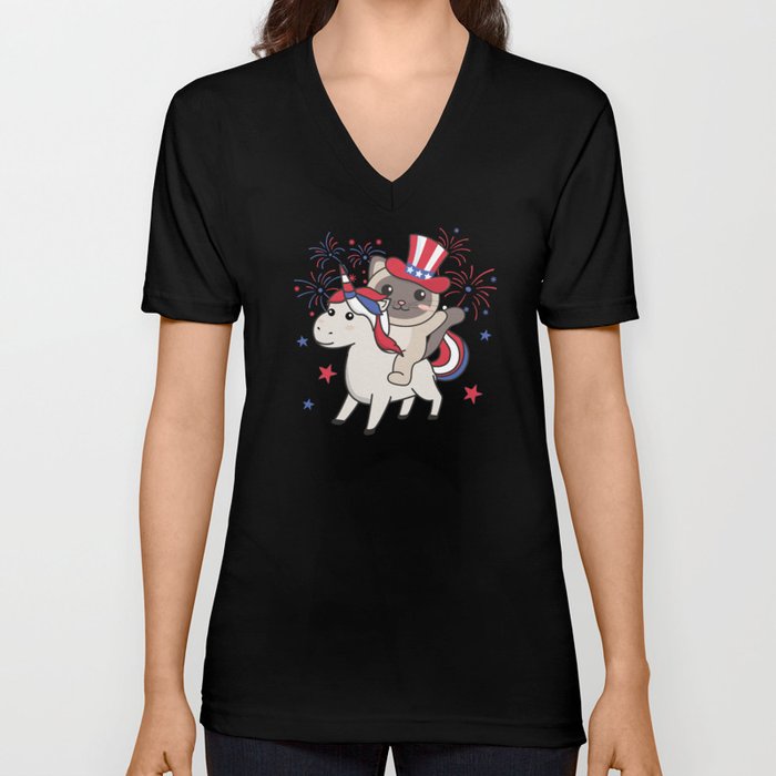 Cat With Unicorn For Fourth Of July Fireworks V Neck T Shirt