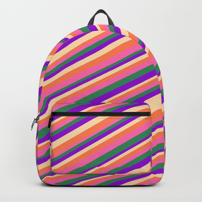 Eyecatching Coral, Hot Pink, Sea Green, Dark Violet, and Tan Colored Pattern of Stripes Backpack