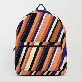 [ Thumbnail: Vibrant Light Salmon, Chocolate, Midnight Blue, Light Yellow, and Black Colored Stripes Pattern Backpack ]