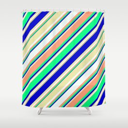 [ Thumbnail: Eyecatching Light Salmon, Green, Blue, Pale Goldenrod, and Mint Cream Colored Lines Pattern Shower Curtain ]