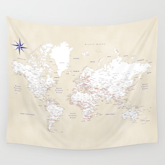 Cream, white, red and navy blue world map, "Deuce" Wall Tapestry