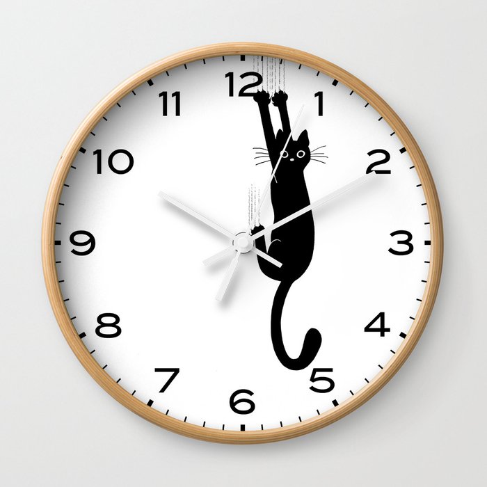 Black Cat Hanging On | Funny Cat Wall Clock