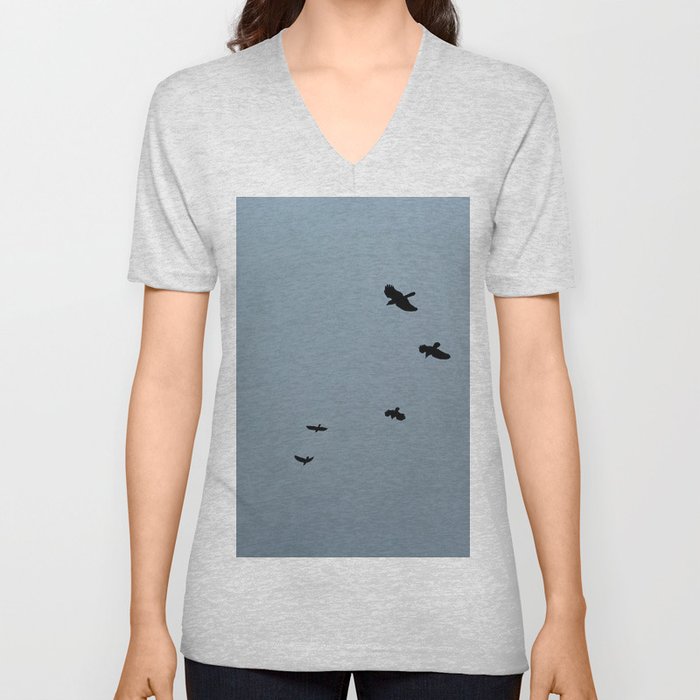  Ravens Flying Foggy Sky V Neck T Shirt