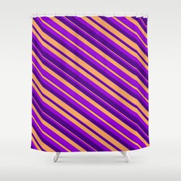 [ Thumbnail: Dark Violet, Indigo & Brown Colored Striped Pattern Shower Curtain ]