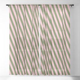 [ Thumbnail: Dark Olive Green and Pink Colored Lined/Striped Pattern Sheer Curtain ]