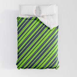 [ Thumbnail: Chartreuse & Midnight Blue Colored Striped/Lined Pattern Comforter ]