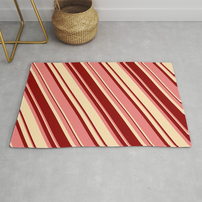 Light Coral, Beige, and Dark Red Colored Lines Pattern Rug