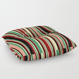 [ Thumbnail: Vibrant Pale Goldenrod, Sea Green, Dark Salmon, Maroon, and Black Colored Striped Pattern Floor Pillow ]