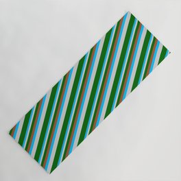 [ Thumbnail: Sienna, Deep Sky Blue, Light Gray & Dark Green Colored Lined/Striped Pattern Yoga Mat ]
