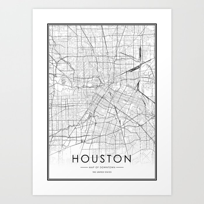 Houston City Map United States White and Black Art Print