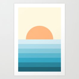 Geometric Ocean Sunset. Retro, blue & orange design. Art Print