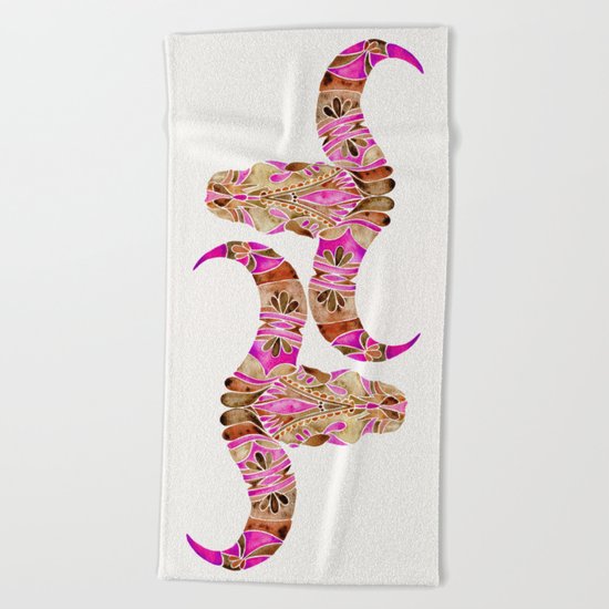Water Buffalo Skull – Pink & Brown Beach Towel