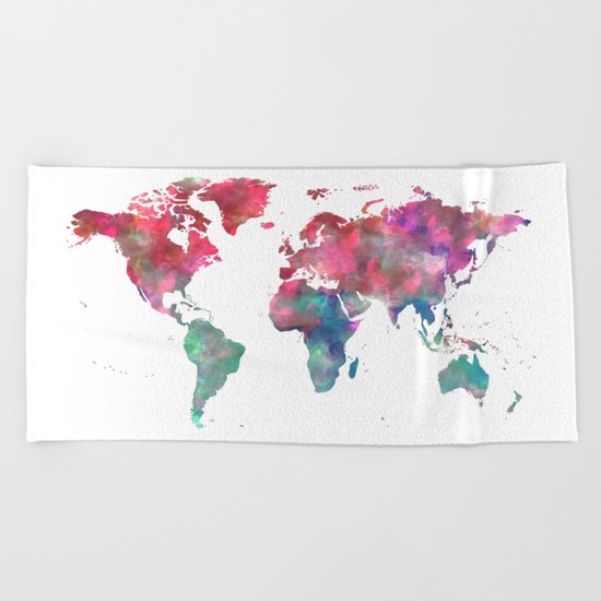 World Map Hot Pink Green Blue Beach Towel