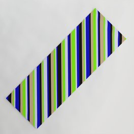 [ Thumbnail: Eye-catching Green, Lavender, Blue, Black, and Tan Colored Lined/Striped Pattern Yoga Mat ]