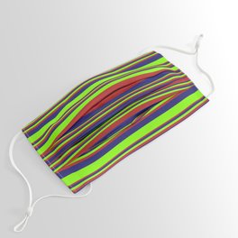 [ Thumbnail: Chartreuse, Red, and Midnight Blue Colored Striped Pattern Face Mask ]