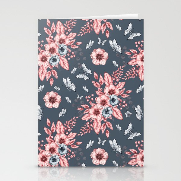Monochrome anemone flowers and butterflies on a blue background - floral print Stationery Cards
