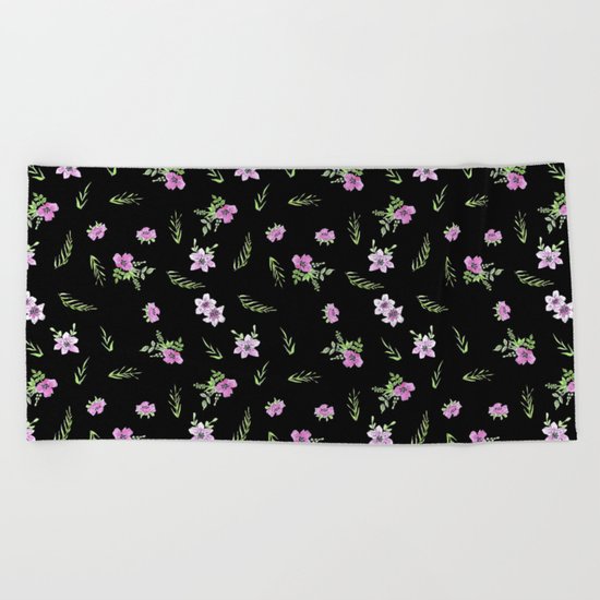 Seamless watercolor small flowers pattern on black Beach Towel