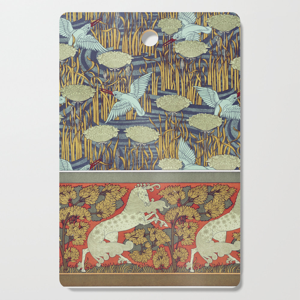 Vintage Woodblock With Birds And Unicorns Cutting Board by shortmegan