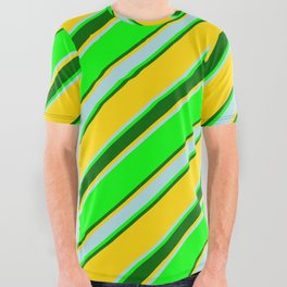 [ Thumbnail: Lime, Dark Green, Yellow & Powder Blue Colored Lines/Stripes Pattern All Over Graphic Tee ]