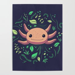 Axolotl with Plants // Kawaii, Wild Animal Poster